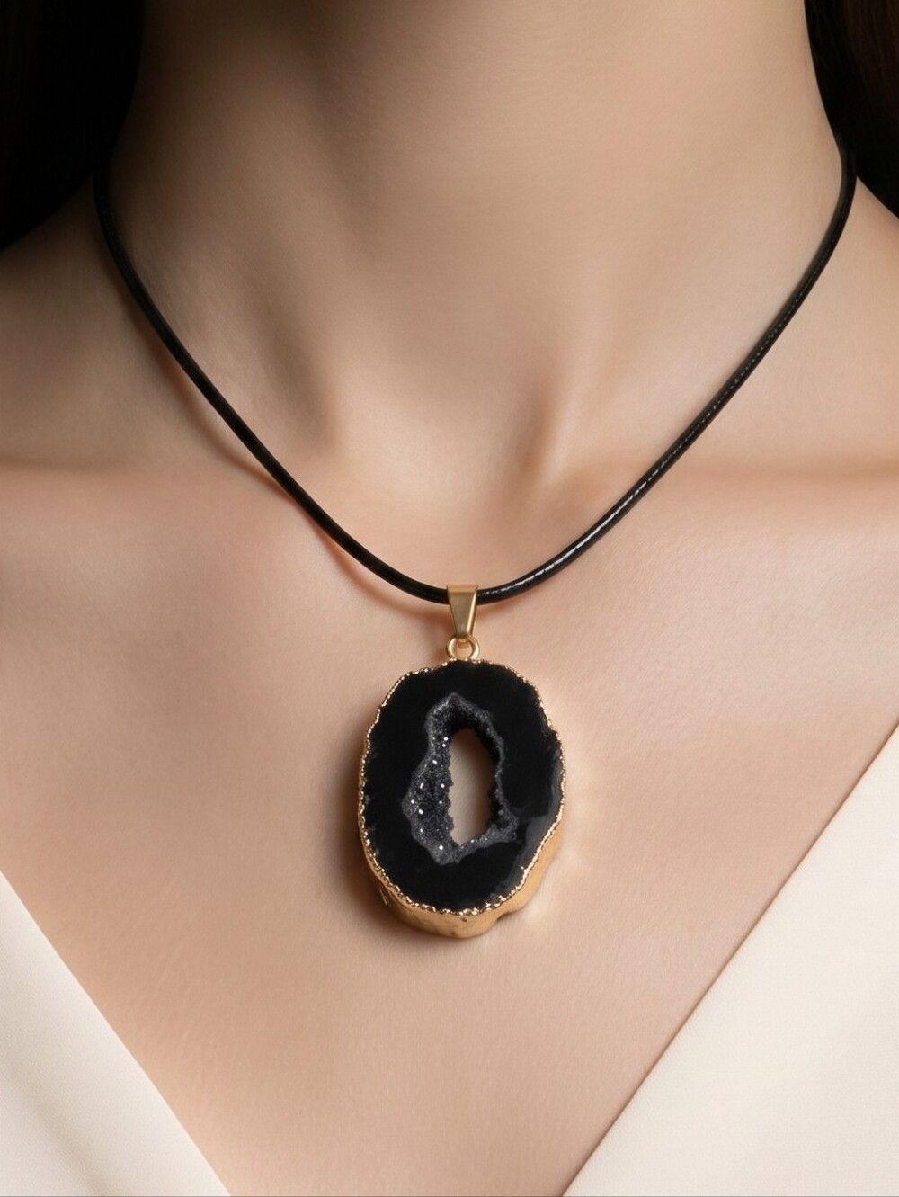 Black Druzy Agate Teardrop Necklace Geode Slice Gold Edge Pendant Dark Romance